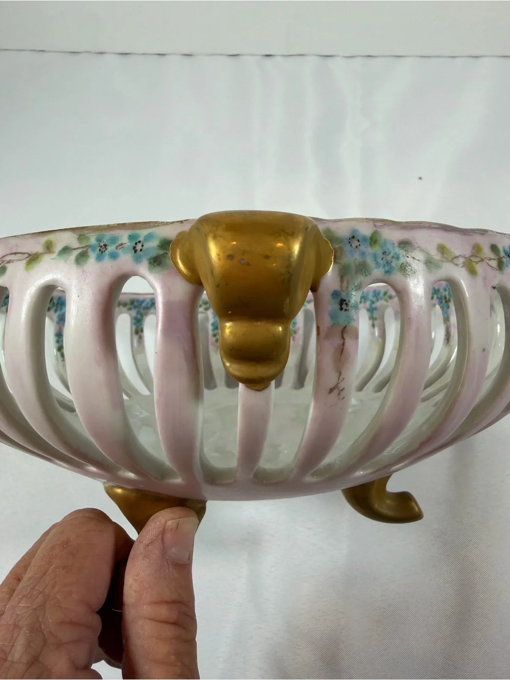 Vintage Reticulated Lattice Footed Fruit Bowl, Dresden-Style, Luster Glaze